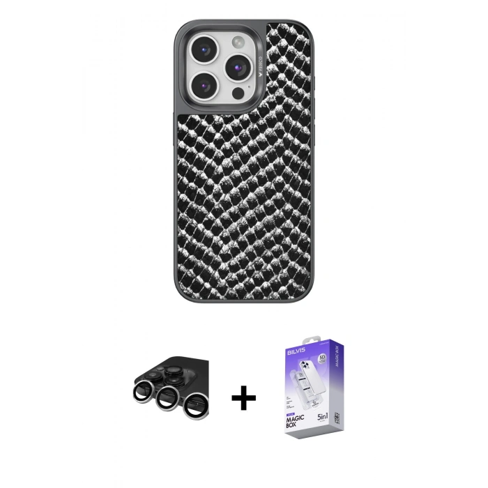 MARSİLYAN™- iPhone 15 Pro Kılıf Vadi Özel Seri - Siyah Bilvis 5in1 3D Magic Cam Ekran Koruyucu + Raze Metal Kamera Lens - GS