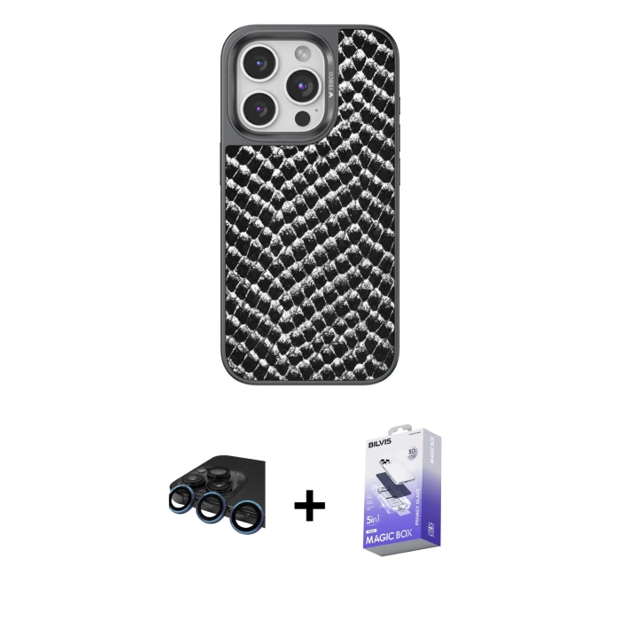 MARSİLYAN™- iPhone 15 Pro Kılıf Vadi Özel Seri - Siyah Bilvis 5in1 5D Magic Hayalet Cam Ekran Koruyucu + Raze Metal Kamera Lens - LT