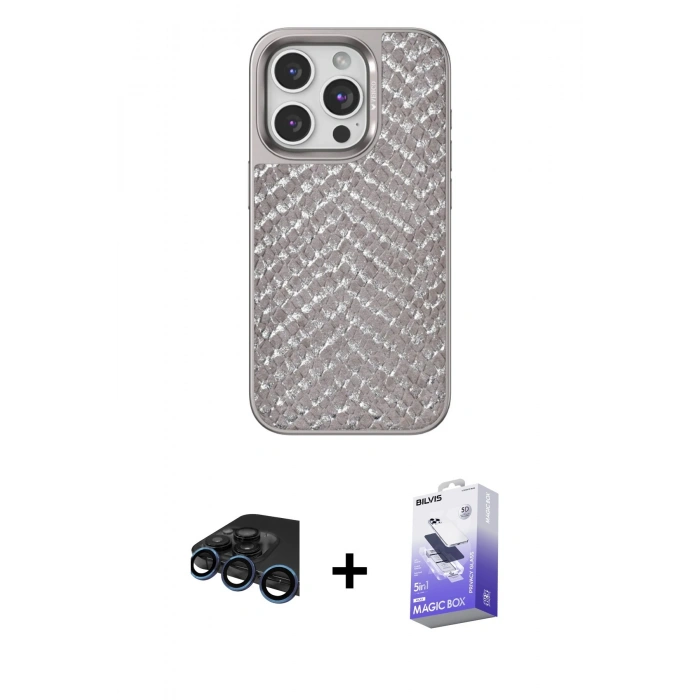 MARSİLYAN™- iPhone 15 Pro Kılıf Vadi Özel Seri - Siyah Bilvis 5in1 5D Magic Hayalet Cam Ekran Koruyucu + Raze Metal Kamera Lens - LT