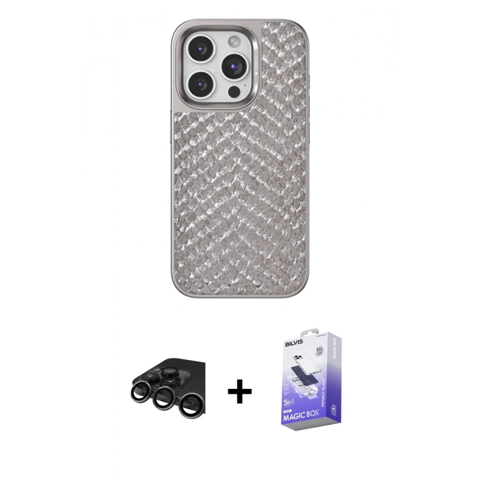 MARSİLYAN™- iPhone 15 Pro Kılıf Vadi Özel Seri - Siyah Bilvis 5in1 5D Magic Hayalet Cam Ekran Koruyucu + Raze Metal Kamera Lens - TMGI