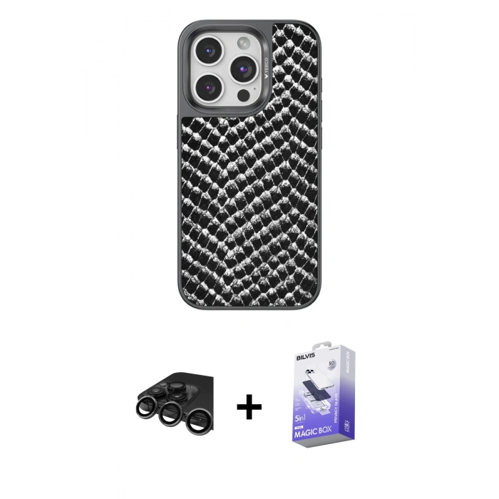 MARSİLYAN™- iPhone 15 Pro Kılıf Vadi Özel Seri - Siyah Bilvis 5in1 5D Magic Hayalet Cam Ekran Koruyucu + Raze Metal Kamera Lens - TMGI