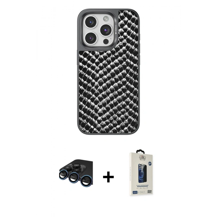 MARSİLYAN™- iPhone 15 Pro Kılıf Vadi Özel Seri - Siyah Bilvis Hayalet Cam Ekran Koruyucu + Raze Metal Kamera Lens - LT