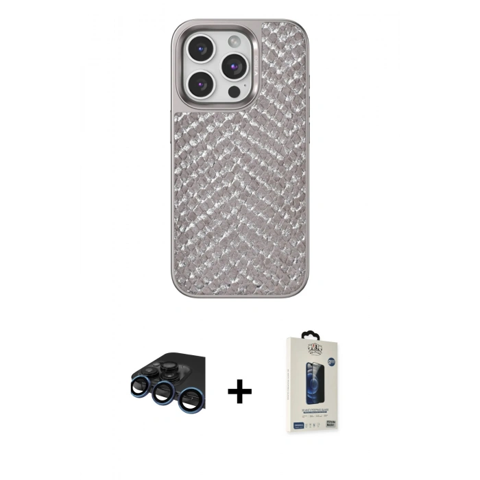MARSİLYAN™- iPhone 15 Pro Kılıf Vadi Özel Seri - Siyah Bilvis Hayalet Cam Ekran Koruyucu + Raze Metal Kamera Lens - LT