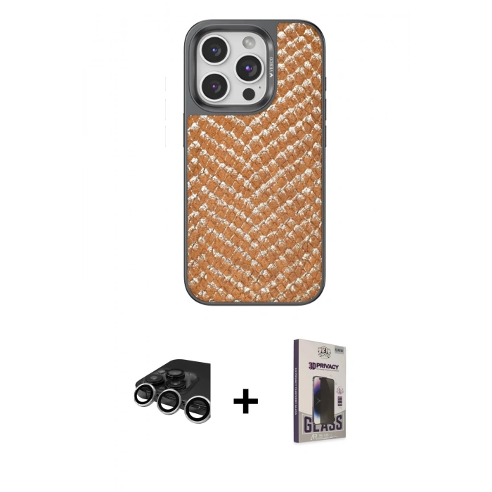 MARSİLYAN™- iPhone 15 Pro Kılıf Vadi Özel Seri - Siyah Bilvis Hayalet Cam Ekran Koruyucu + Raze Metal Kamera Lens - GS