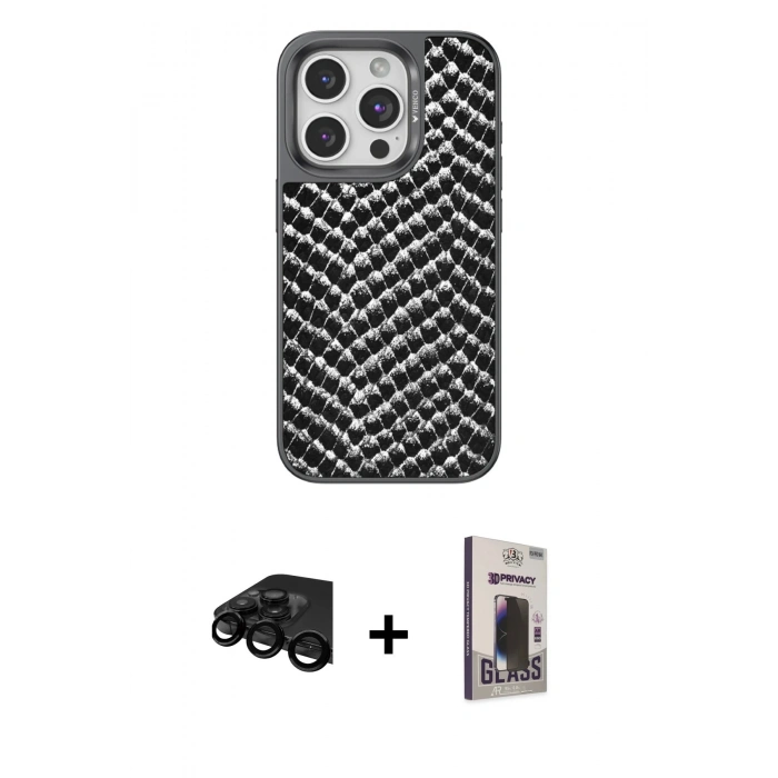 MARSİLYAN™- iPhone 15 Pro Kılıf Vadi Özel Seri - Siyah Bilvis Hayalet Cam Ekran Koruyucu + Raze Metal Kamera Lens - SH