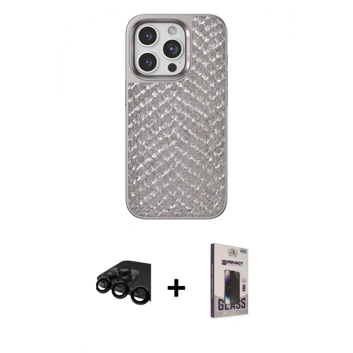 MARSİLYAN™- iPhone 15 Pro Kılıf Vadi Özel Seri - Siyah Bilvis Hayalet Cam Ekran Koruyucu + Raze Metal Kamera Lens - SH