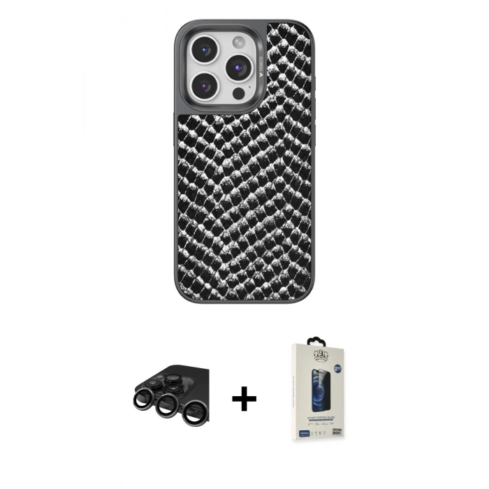 MARSİLYAN™- iPhone 15 Pro Kılıf Vadi Özel Seri - Siyah Bilvis Hayalet Cam Ekran Koruyucu + Raze Metal Kamera Lens - TMGI