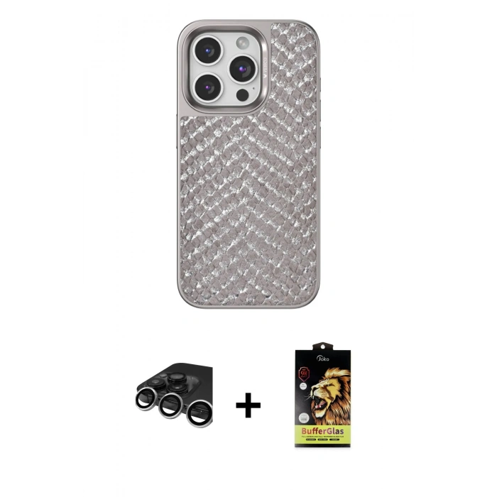 MARSİLYAN™- iPhone 15 Pro Kılıf Vadi Özel Seri - Siyah Buffer Cam Ekran Koruyucu + Raze Metal Kamera Lens - GS