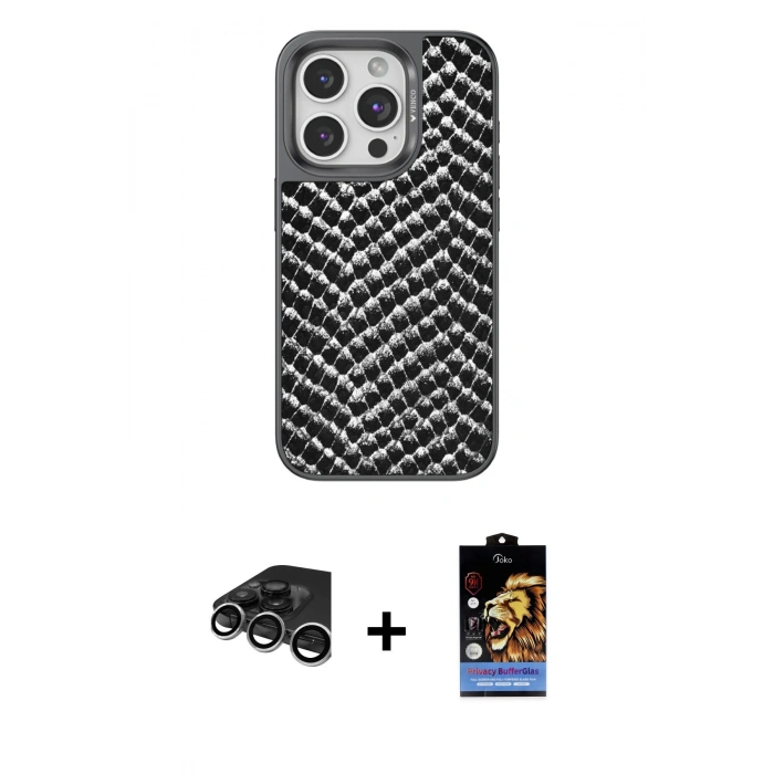 MARSİLYAN™- iPhone 15 Pro Kılıf Vadi Özel Seri - Siyah Buffer Hayalet Cam Ekran Koruyucu + Raze Metal Kamera Lens - GS