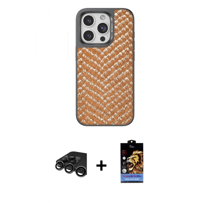 MARSİLYAN™- iPhone 15 Pro Kılıf Vadi Özel Seri - Siyah Buffer Hayalet Cam Ekran Koruyucu + Raze Metal Kamera Lens - TMGI