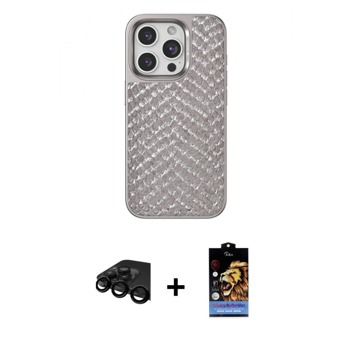 MARSİLYAN™- iPhone 15 Pro Kılıf Vadi Özel Seri - Siyah Buffer Hayalet Cam Ekran Koruyucu + Raze Metal Kamera Lens - SH