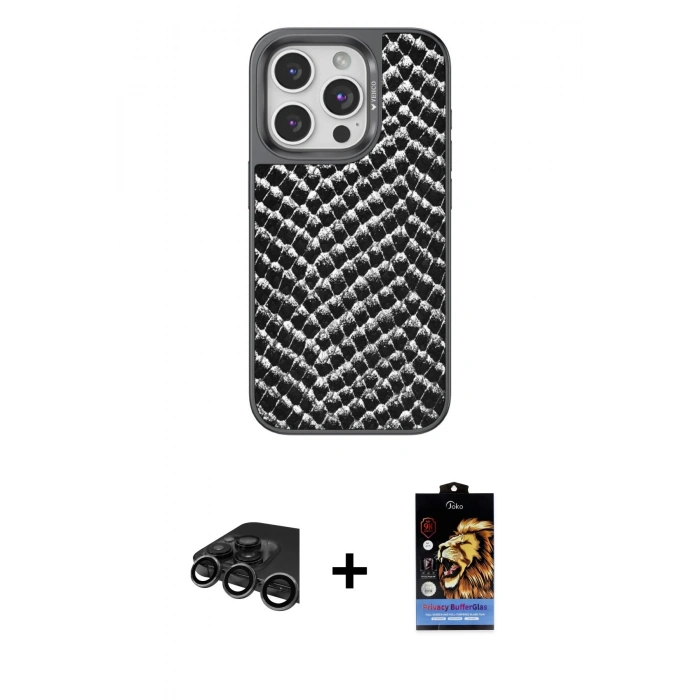 MARSİLYAN™- iPhone 15 Pro Kılıf Vadi Özel Seri - Siyah Buffer Hayalet Cam Ekran Koruyucu + Raze Metal Kamera Lens - TMGI