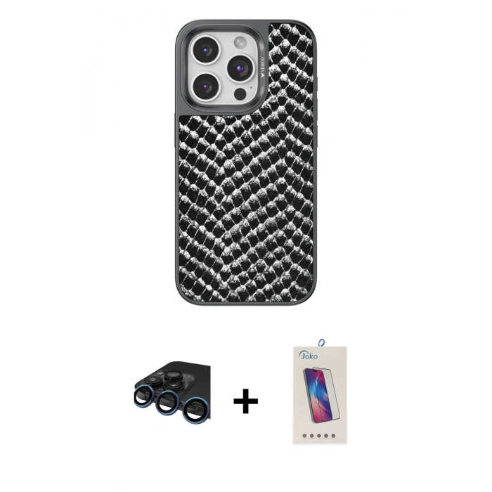 MARSİLYAN™- iPhone 15 Pro Kılıf Vadi Özel Seri - Siyah Joko 5D Cam + Raze Metal Kamera Lens - LT