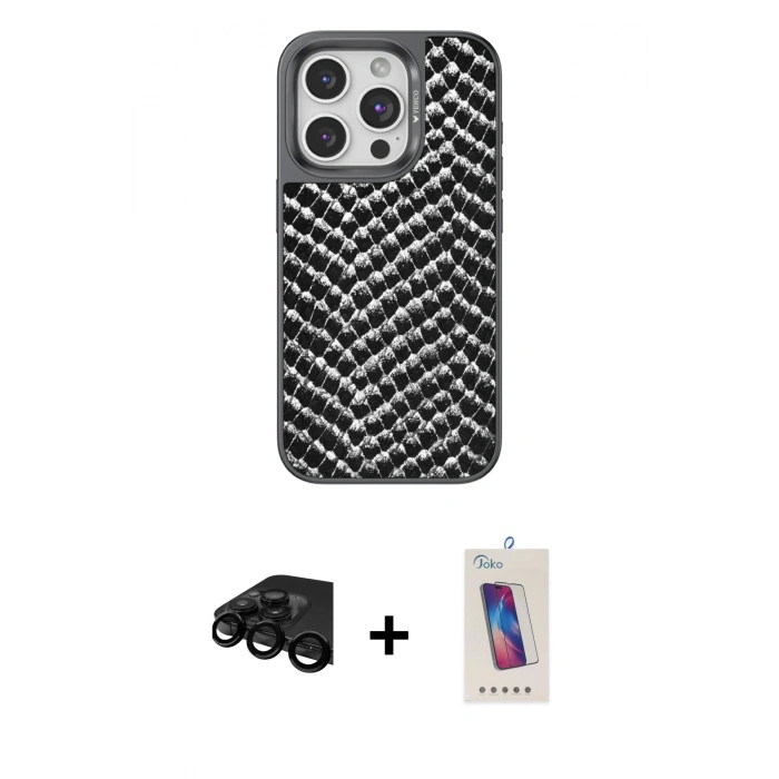 MARSİLYAN™- iPhone 15 Pro Kılıf Vadi Özel Seri - Siyah Joko 5D Cam + Raze Metal Kamera Lens - SH