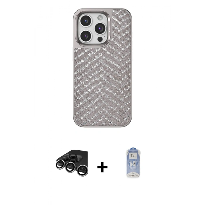MARSİLYAN™- iPhone 15 Pro Kılıf Vadi Özel Seri - Siyah Joko Magic 5D Cam + Gümüş Raze Metal Kamera Lens