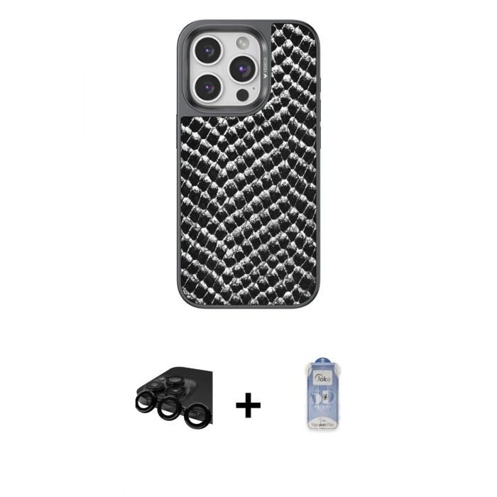 MARSİLYAN™- iPhone 15 Pro Kılıf Vadi Özel Seri - Siyah Joko Magic 5D Cam + Siyah Raze Metal Kamera Lens