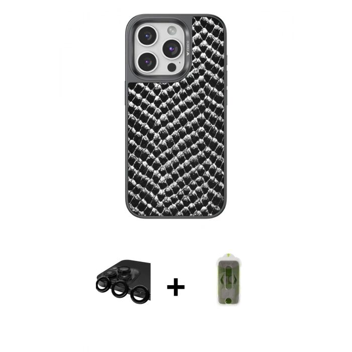 MARSİLYAN™- iPhone 15 Pro Kılıf Vadi Özel Seri - Siyah Joko Magic 5D Hayalet Cam + Raze Metal Kamera Lens - SH