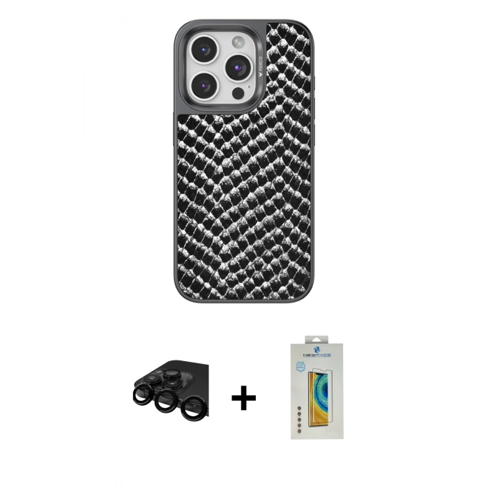 MARSİLYAN™- iPhone 15 Pro Kılıf Vadi Özel Seri - Siyah Polymer Nano Ekran Koruyucu + Raze Metal Kamera Lens - SH