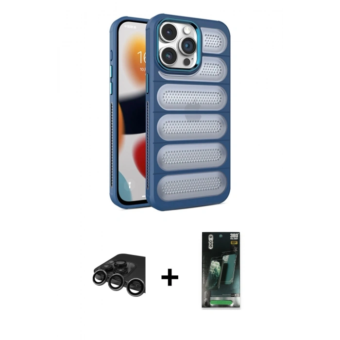 MARSİLYAN™- iPhone 15 Pro Kılıf Yadigar Doku Özel Seri - Şeffaf 360 Full Body Arka Koruyucu + Raze Metal Kamera Lens - TMGI