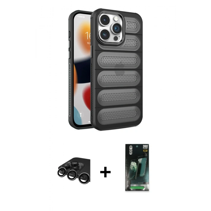 MARSİLYAN™- iPhone 15 Pro Kılıf Yadigar Doku Özel Seri - Şeffaf 360 Full Body Arka Koruyucu + Raze Metal Kamera Lens - TMGI