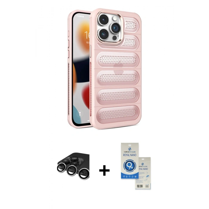 MARSİLYAN™- iPhone 15 Pro Kılıf Yadigar Doku Özel Seri - Şeffaf Royal Nano Ekran Koruyucu + Raze Metal Kamera Lens - GS