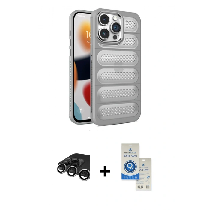 MARSİLYAN™- iPhone 15 Pro Kılıf Yadigar Doku Özel Seri - Şeffaf Royal Nano Ekran Koruyucu + Raze Metal Kamera Lens - GS