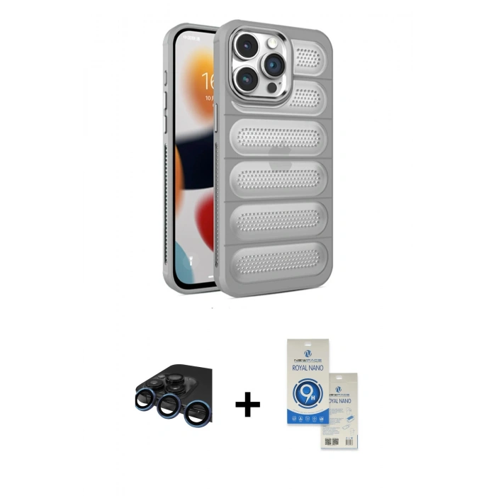 MARSİLYAN™- iPhone 15 Pro Kılıf Yadigar Doku Özel Seri - Şeffaf Royal Nano Ekran Koruyucu + Raze Metal Kamera Lens - LT