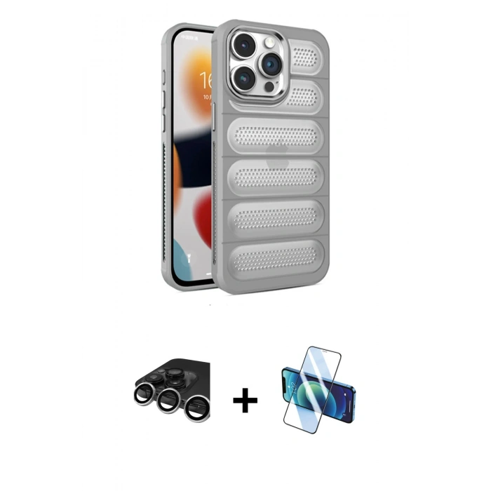 MARSİLYAN™- iPhone 15 Pro Kılıf Yadigar Doku Özel Seri - Siyah 3D Antistatik Cam Ekran Koruyucu + Raze Metal Kamera Lens - GS
