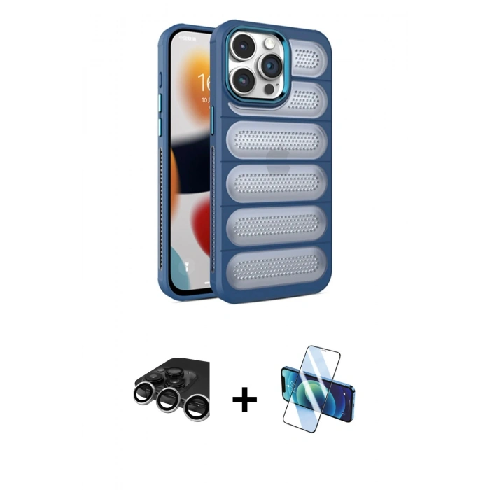 MARSİLYAN™- iPhone 15 Pro Kılıf Yadigar Doku Özel Seri - Siyah 3D Antistatik Cam Ekran Koruyucu + Raze Metal Kamera Lens - GS