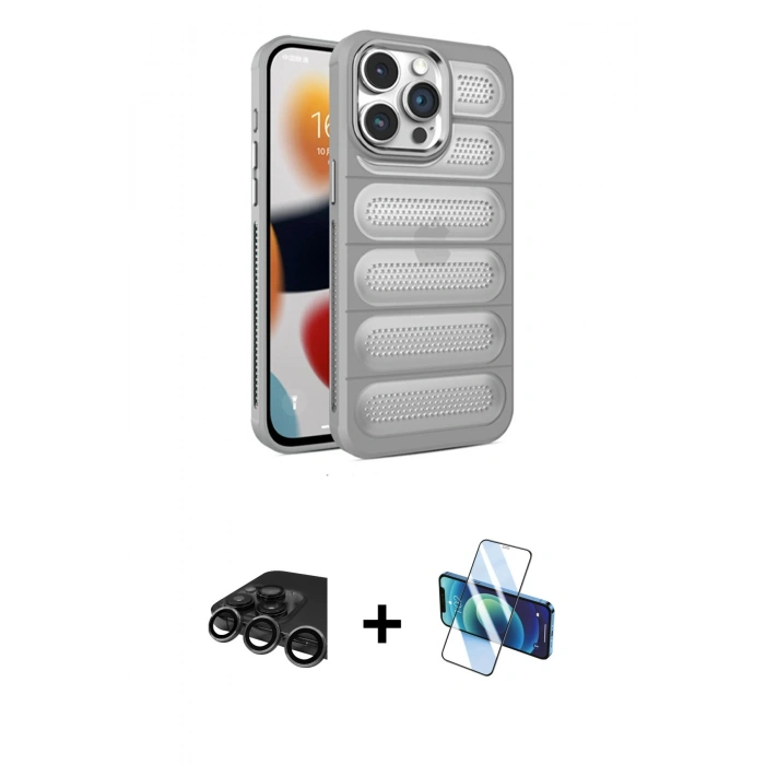 MARSİLYAN™- iPhone 15 Pro Kılıf Yadigar Doku Özel Seri - Siyah 3D Antistatik Cam Ekran Koruyucu + Raze Metal Kamera Lens - TMGI