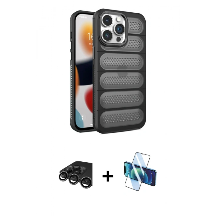 MARSİLYAN™- iPhone 15 Pro Kılıf Yadigar Doku Özel Seri - Siyah 3D Antistatik Cam Ekran Koruyucu + Raze Metal Kamera Lens - TMGI