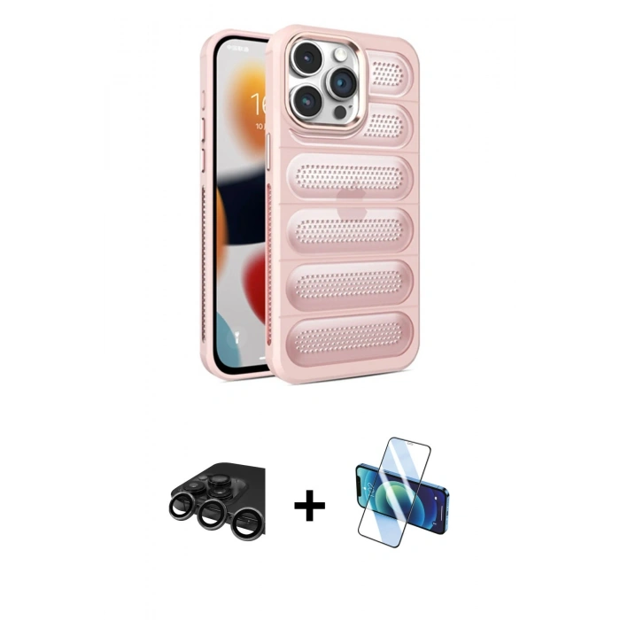 MARSİLYAN™- iPhone 15 Pro Kılıf Yadigar Doku Özel Seri - Siyah 3D Antistatik Cam Ekran Koruyucu + Raze Metal Kamera Lens - TMGI