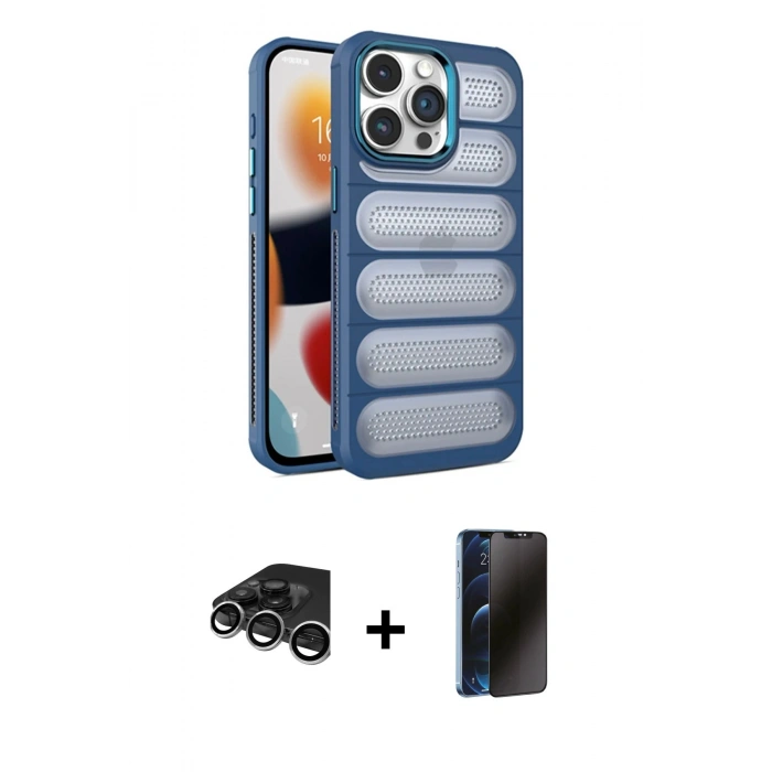 MARSİLYAN™- iPhone 15 Pro Kılıf Yadigar Doku Özel Seri - Siyah 3D Antistatik Hayalet Cam Ekran Koruyucu + Raze Metal Kamera Lens - GS