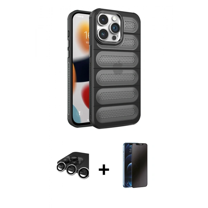 MARSİLYAN™- iPhone 15 Pro Kılıf Yadigar Doku Özel Seri - Siyah 3D Antistatik Hayalet Cam Ekran Koruyucu + Raze Metal Kamera Lens - GS