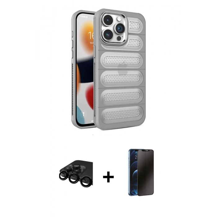 MARSİLYAN™- iPhone 15 Pro Kılıf Yadigar Doku Özel Seri - Siyah 3D Antistatik Hayalet Cam Ekran Koruyucu + Raze Metal Kamera Lens - SH