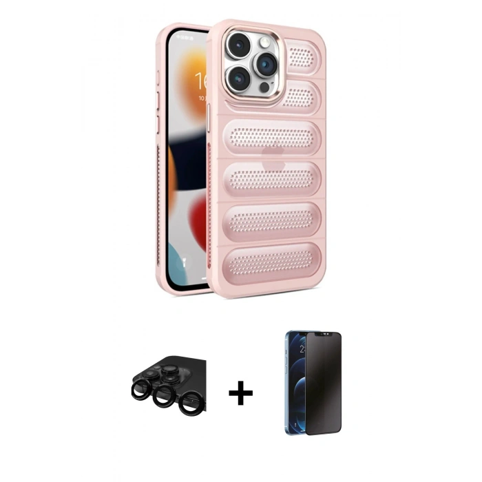 MARSİLYAN™- iPhone 15 Pro Kılıf Yadigar Doku Özel Seri - Siyah 3D Antistatik Hayalet Cam Ekran Koruyucu + Raze Metal Kamera Lens - SH