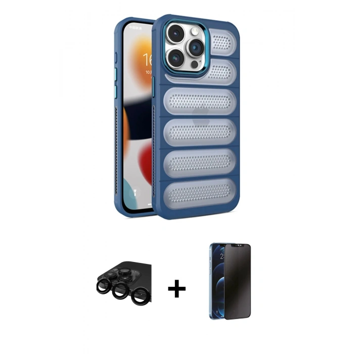 MARSİLYAN™- iPhone 15 Pro Kılıf Yadigar Doku Özel Seri - Siyah 3D Antistatik Hayalet Cam Ekran Koruyucu + Raze Metal Kamera Lens - SH