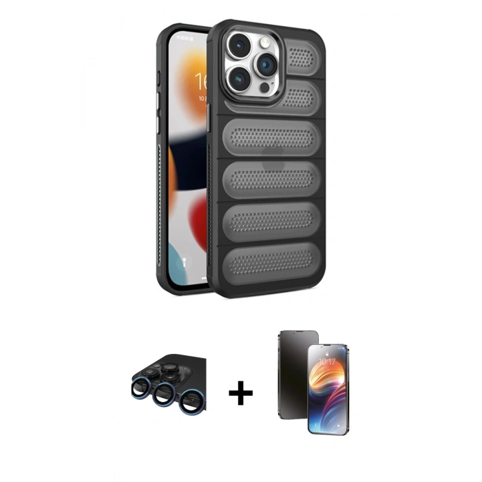 MARSİLYAN™- iPhone 15 Pro Kılıf Yadigar Doku Özel Seri - Siyah 3D Antistatik Mat Seramik Nano Ekran Koruyucu + Raze Metal Kamera Lens - LT