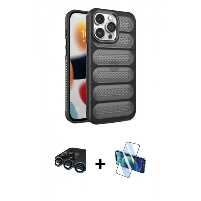 MARSİLYAN™- iPhone 15 Pro Kılıf Yadigar Doku Özel Seri - Siyah 3D Antistatik Seramik Nano Ekran Koruyucu + Raze Metal Kamera Lens - LT