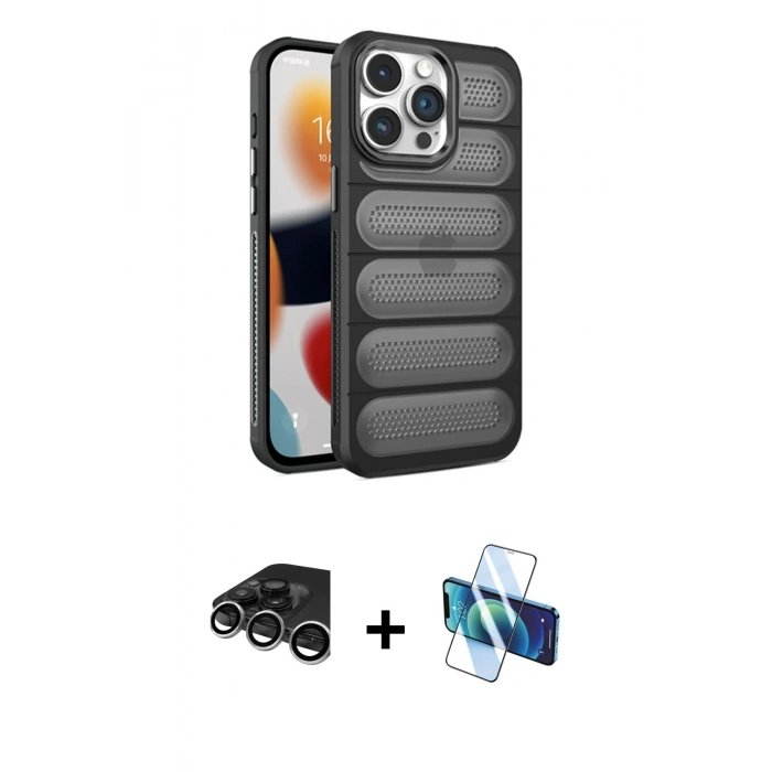 MARSİLYAN™- iPhone 15 Pro Kılıf Yadigar Doku Özel Seri - Siyah 3D Antistatik Seramik Nano Ekran Koruyucu + Gümüş Raze Metal Kamera Lens