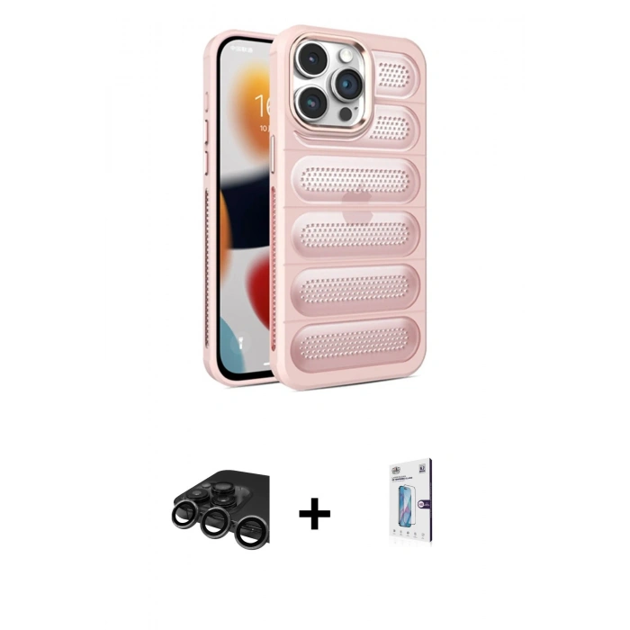 MARSİLYAN™- iPhone 15 Pro Kılıf Yadigar Doku Özel Seri - Siyah Bilvis 0.18mm Plus Cam Ekran Koruyucu + Raze Metal Kamera Lens - TMGI