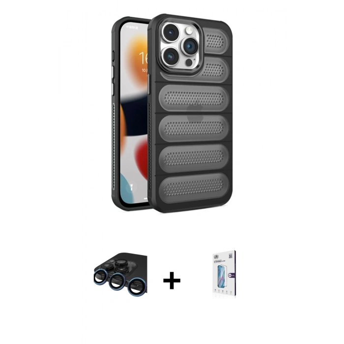 MARSİLYAN™- iPhone 15 Pro Kılıf Yadigar Doku Özel Seri - Siyah Bilvis 0.18mm Plus Cam Ekran Koruyucu + Raze Metal Kamera Lens - LT