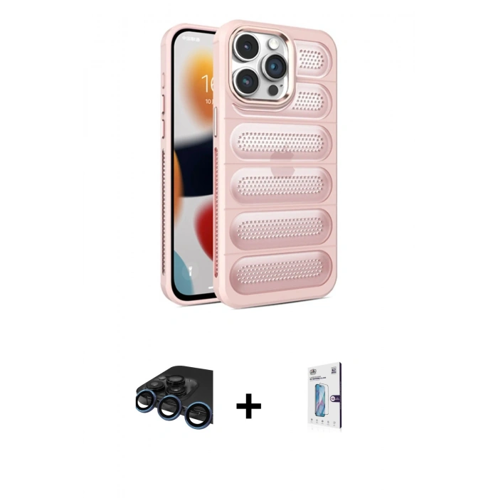 MARSİLYAN™- iPhone 15 Pro Kılıf Yadigar Doku Özel Seri - Siyah Bilvis 0.18mm Plus Cam Ekran Koruyucu + Raze Metal Kamera Lens - LT
