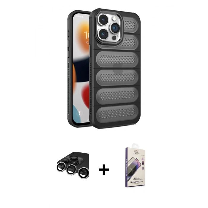 MARSİLYAN™- iPhone 15 Pro Kılıf Yadigar Doku Özel Seri - Siyah Bilvis 3D Mat Cam Ekran Koruyucu + Raze Metal Kamera Lens - GS