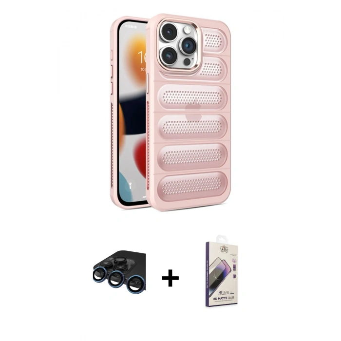 MARSİLYAN™- iPhone 15 Pro Kılıf Yadigar Doku Özel Seri - Siyah Bilvis 3D Mat Cam Ekran Koruyucu + Lacivert Raze Metal Kamera Lens