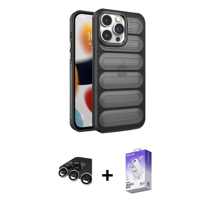 MARSİLYAN™- iPhone 15 Pro Kılıf Yadigar Doku Özel Seri - Siyah Bilvis 5in1 3D Magic Cam Ekran Koruyucu + Raze Metal Kamera Lens - GS