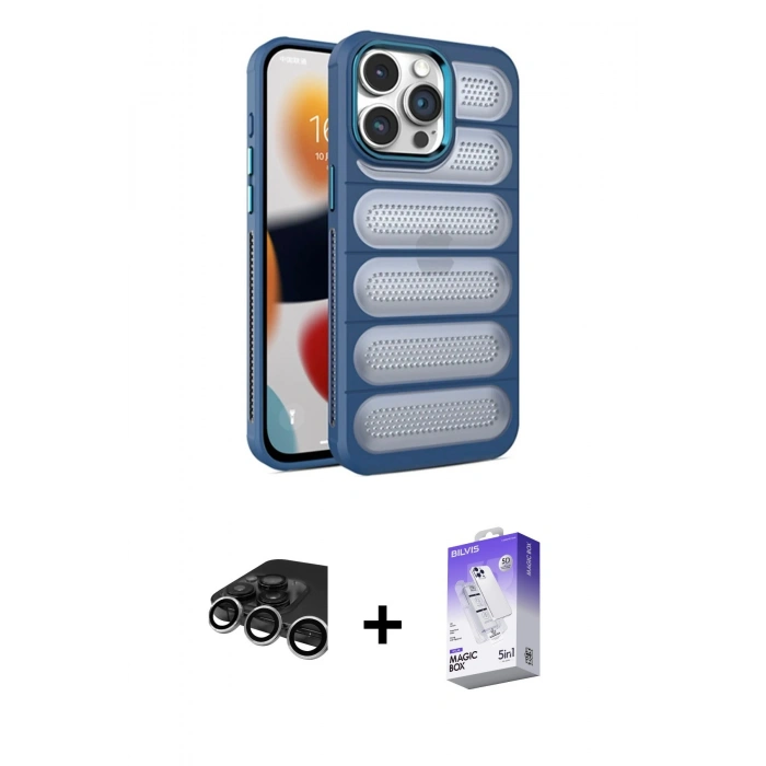 MARSİLYAN™- iPhone 15 Pro Kılıf Yadigar Doku Özel Seri - Siyah Bilvis 5in1 3D Magic Cam Ekran Koruyucu + Raze Metal Kamera Lens - GS