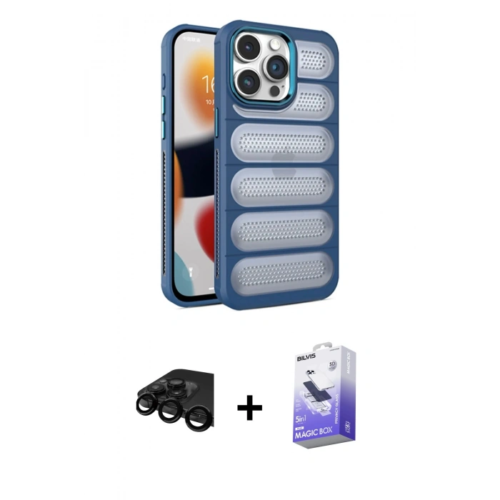 MARSİLYAN™- iPhone 15 Pro Kılıf Yadigar Doku Özel Seri - Siyah Bilvis 5in1 5D Magic Hayalet Cam Ekran Koruyucu + Raze Metal Kamera Lens - SH