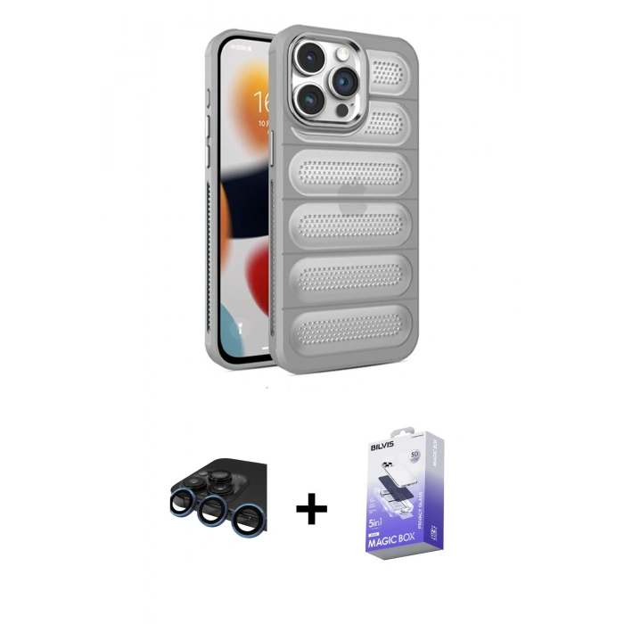 MARSİLYAN™- iPhone 15 Pro Kılıf Yadigar Doku Özel Seri - Siyah Bilvis 5in1 5D Magic Hayalet Cam Ekran Koruyucu + Raze Metal Kamera Lens - LT