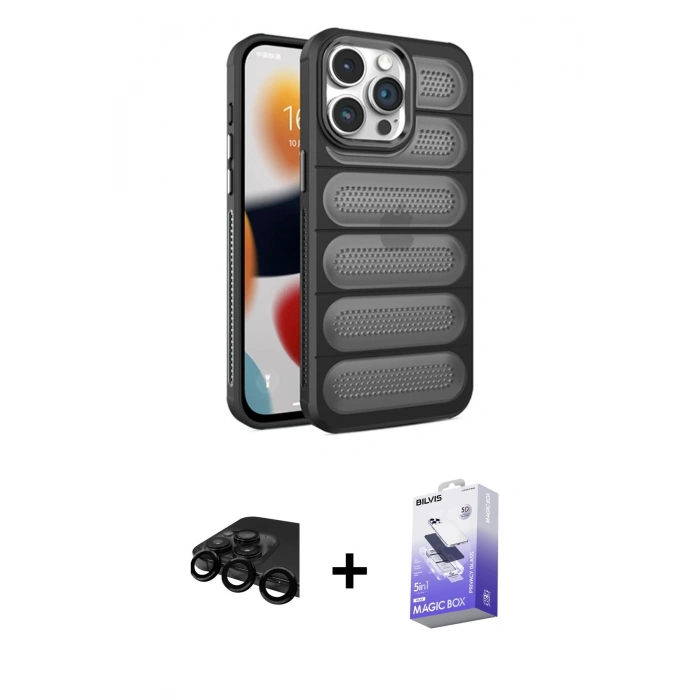 MARSİLYAN™- iPhone 15 Pro Kılıf Yadigar Doku Özel Seri - Siyah Bilvis 5in1 5D Magic Hayalet Cam Ekran Koruyucu + Raze Metal Kamera Lens - SH